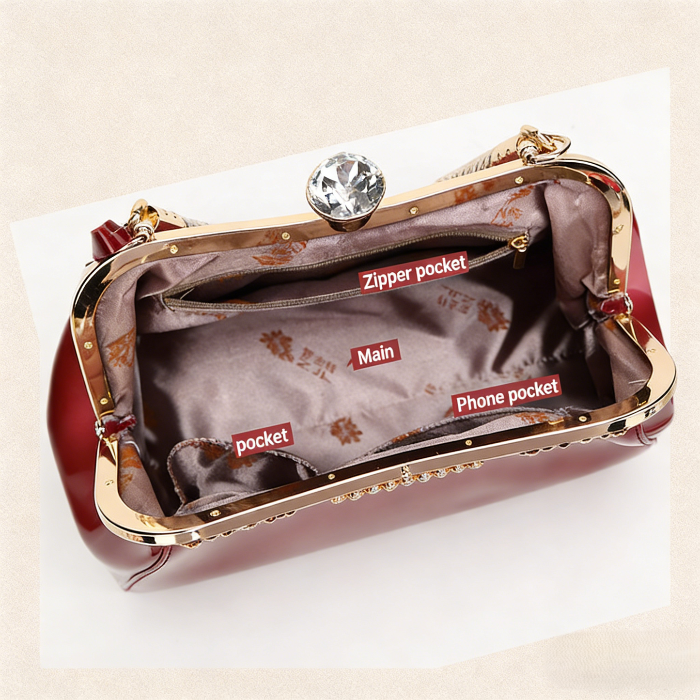 Handbag with diamond inlaid on lacquer finish